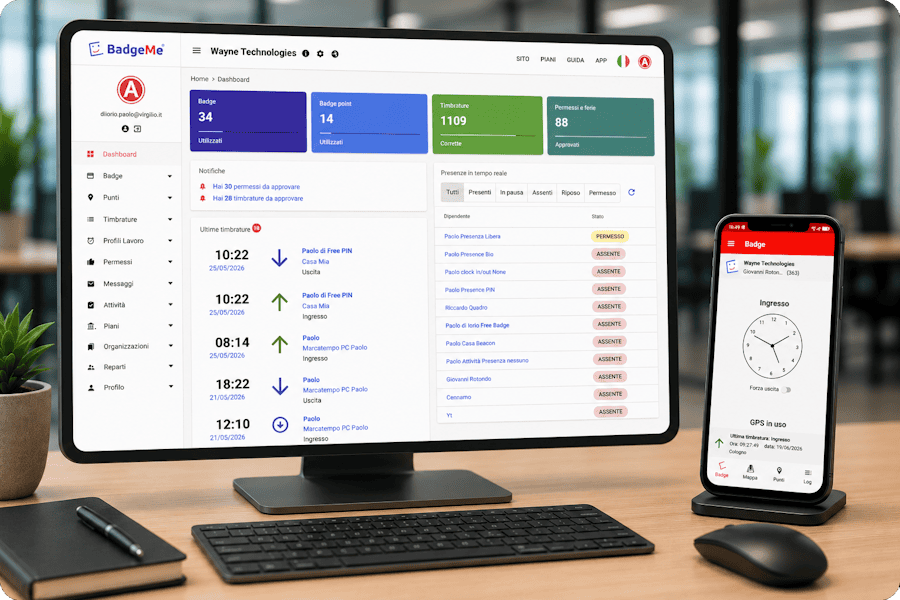 Dashboard BadgeMe con gestione presenze e app timbrature sincronizzata in tempo reale.