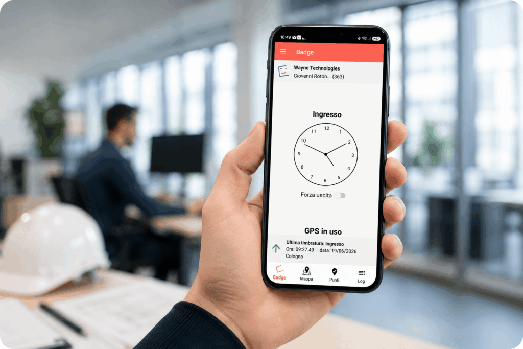Dipendente che utilizza l'app timbrature BadgeMe da smartphone per registrare ingressi e uscite