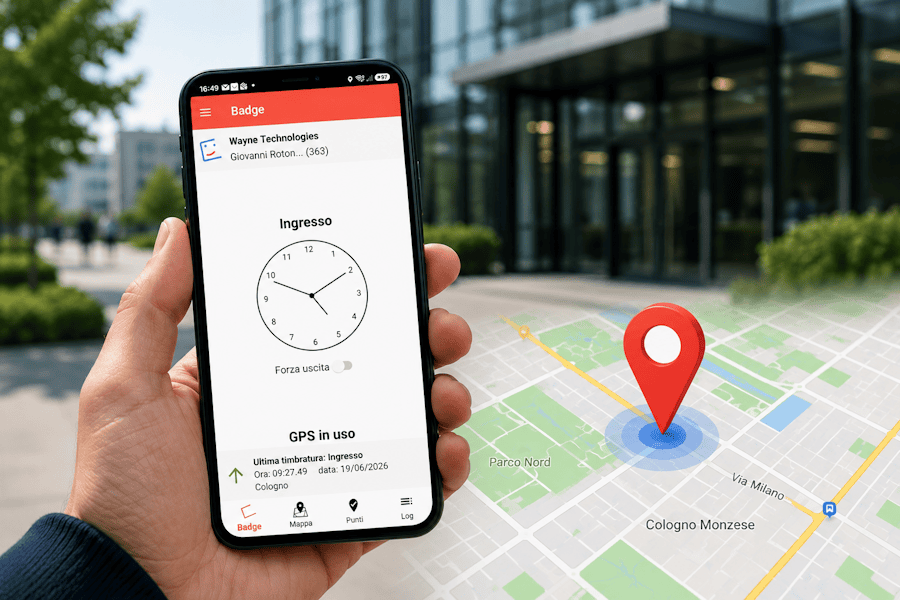 Dipendente che utilizza l'app timbrature BadgeMe con geolocalizzazione GPS per registrare una timbratura da smartphone.