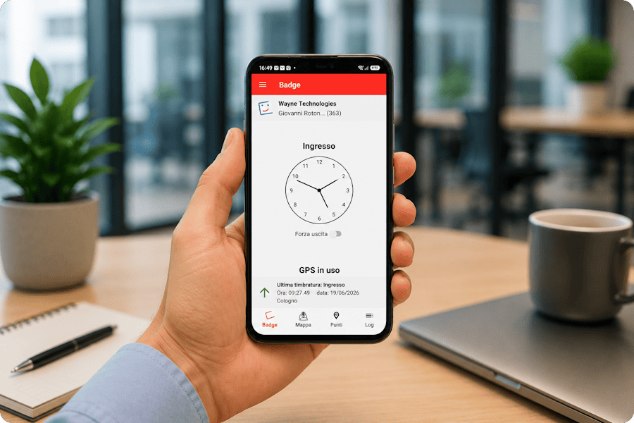 Dipendente utilizza l'app timbrature BadgeMe da smartphone per registrare ingresso e uscita senza badge o marcatempo.