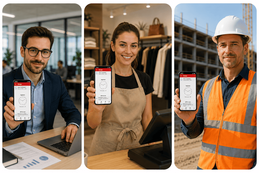 Dipendenti di ufficio, negozio e cantiere utilizzano l'app timbrature BadgeMe per registrare ingressi e uscite da smartphone.
