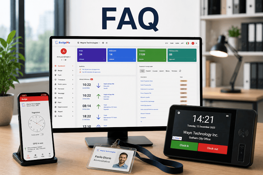 Monitor con dashboard BadgeMe, smartphone con app timbrature, badge RFID e marcatempo BM001 per la sezione Domande Frequenti.