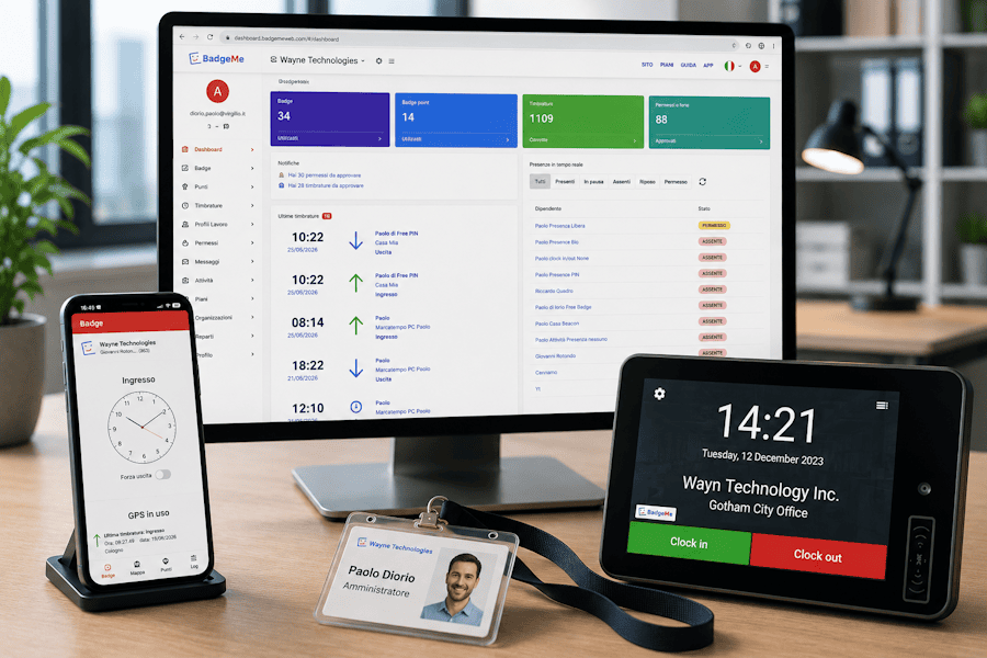 Dashboard BadgeMe visualizzata su monitor con app timbrature su smartphone, badge RFID e marcatempo BM001 per la gestione delle presenze dei dipendenti.