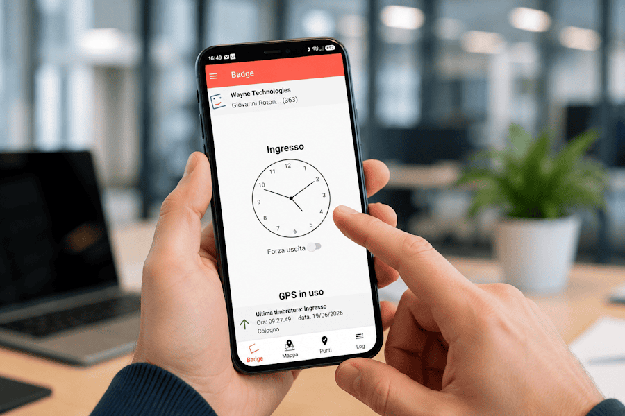 Dipendente che utilizza l'app timbrature BadgeMe su smartphone per registrare una timbratura di ingresso.