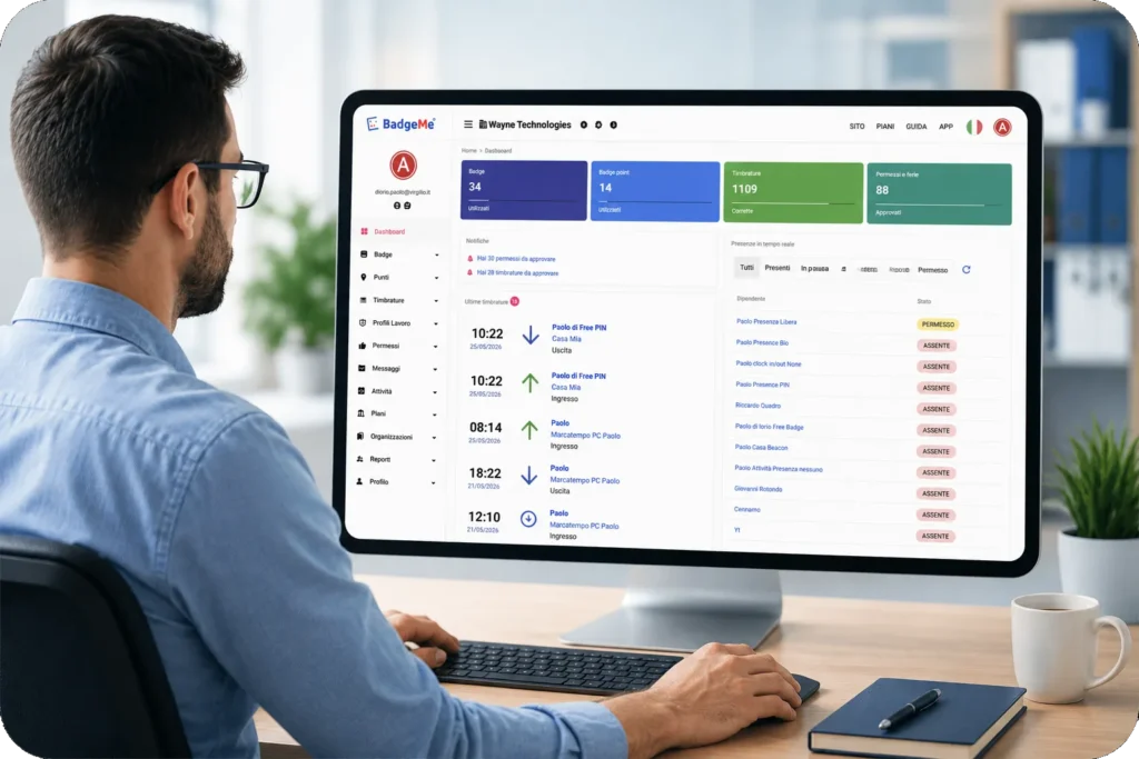 Responsabile che consulta la dashboard BadgeMe per la gestione delle presenze dei dipendenti