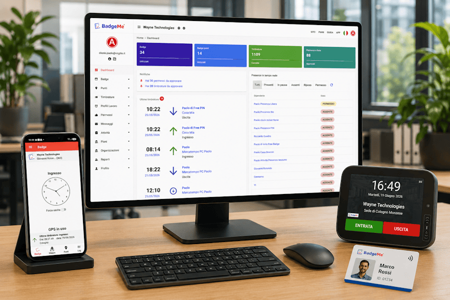 Piattaforma BadgeMe con dashboard cloud, app timbrature, marcatempo BM001 e badge RFID per la gestione delle presenze dei dipendenti.
