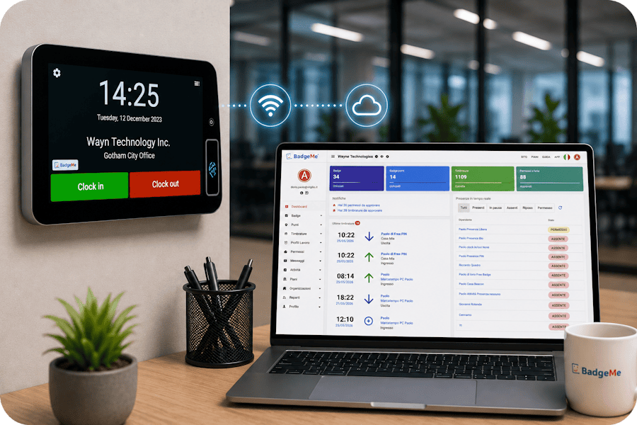 Marcatempo BM001 collegato tramite WiFi e LAN alla piattaforma cloud BadgeMe per la gestione delle presenze