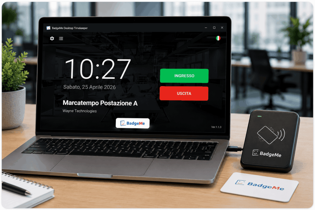 Marcatempo da PC BadgeMe con notebook Windows, lettore badge NFC e software di rilevazione presenze dipendenti