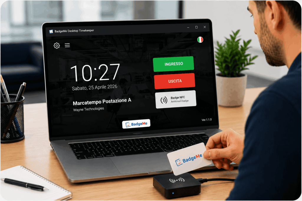 Dipendente che utilizza un badge NFC per timbrare ingressi e uscite con il marcatempo da PC BadgeMe