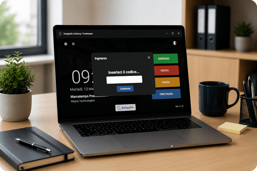 Marcatempo da PC BadgeMe con inserimento del PIN personale per registrare ingressi e uscite dei dipendenti