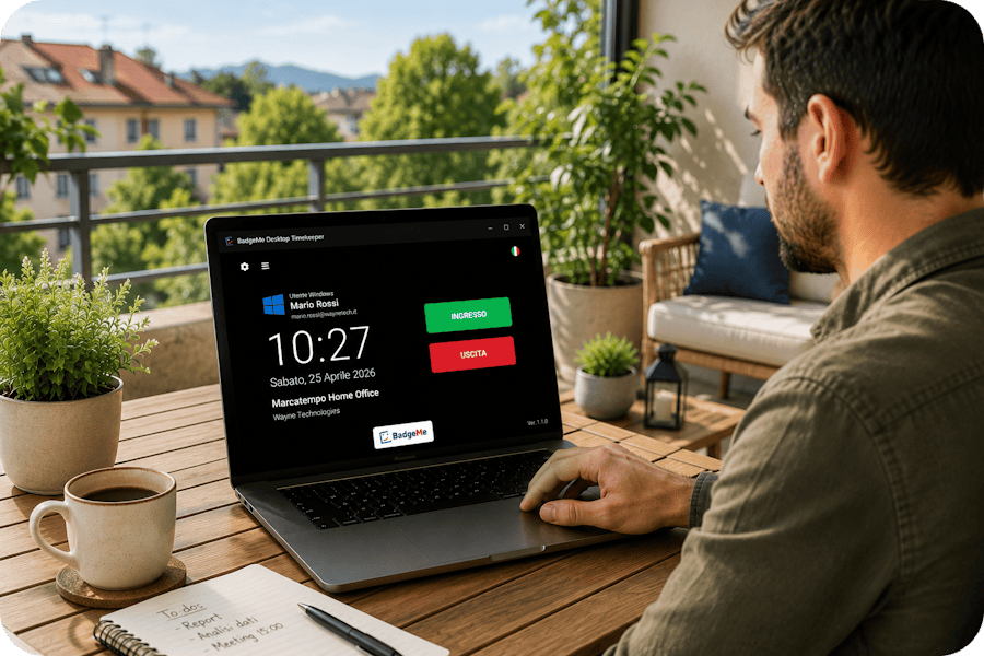 Dipendente in smart working che registra ingressi e uscite tramite il marcatempo da PC BadgeMe