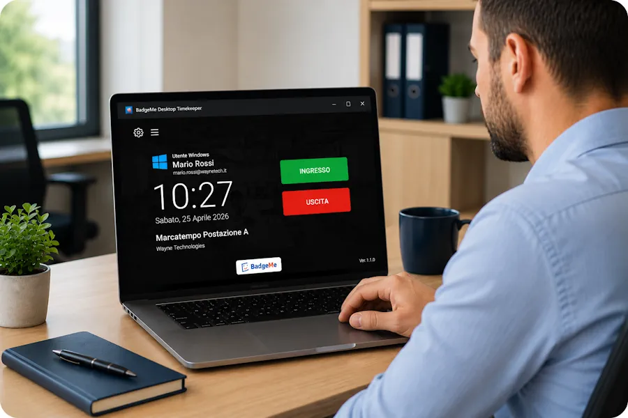 Dipendente che utilizza il marcatempo da PC BadgeMe tramite account Windows per registrare ingressi e uscite