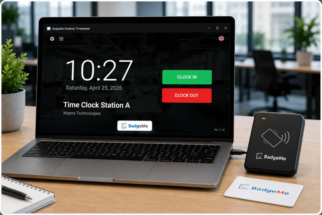 PC Time Clock for employee attendance tracking with NFC badge reader