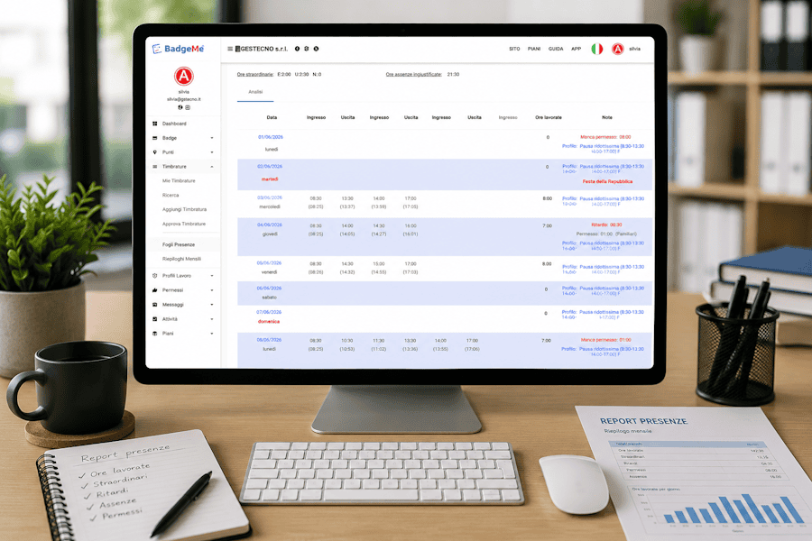 Monitor con il software BadgeMe che visualizza un report mensile delle presenze dei dipendenti con ore lavorate, straordinari, ritardi, assenze e timbrature.