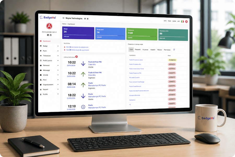 Software di rilevazione presenze BadgeMe visualizzato su monitor con dashboard per timbrature, presenze, ferie e permessi.