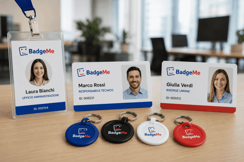 Badge aziendali BadgeMe personalizzati in formato tessera e portachiavi RFID per l'identificazione dei dipendenti.