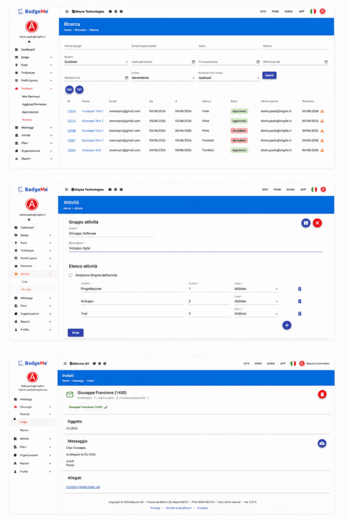 Interfaccia del software BadgeMe con le funzionalità di gestione Permessi e Ferie, Attività e Messaggi in un'unica piattaforma cloud.
