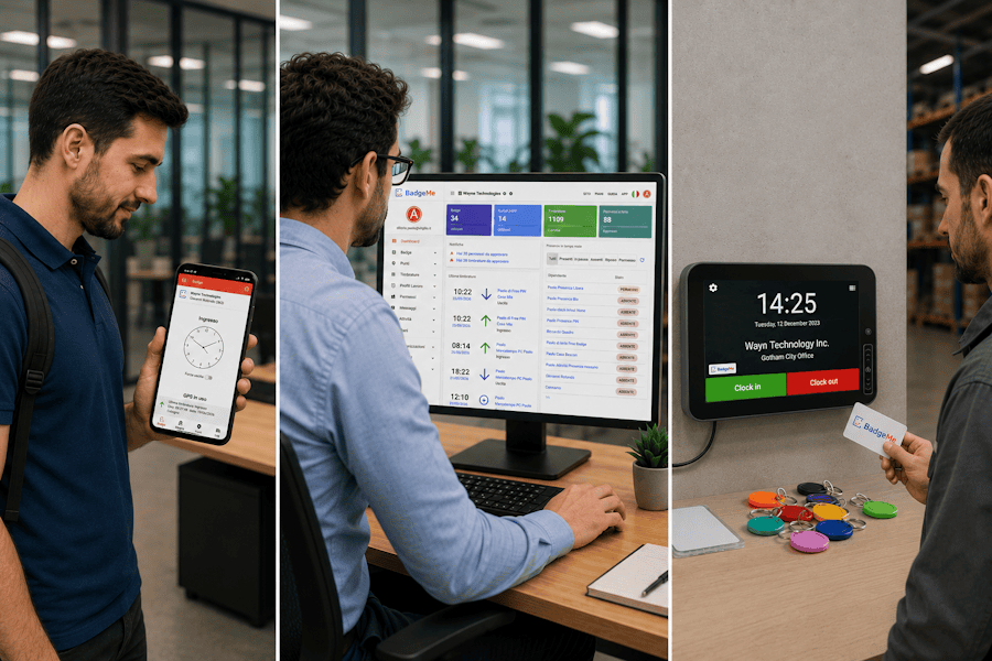 Tre modalità di rilevazione presenze con BadgeMe: app per smartphone, Marcatempo PC Windows e terminale BM001 con badge RFID/NFC.