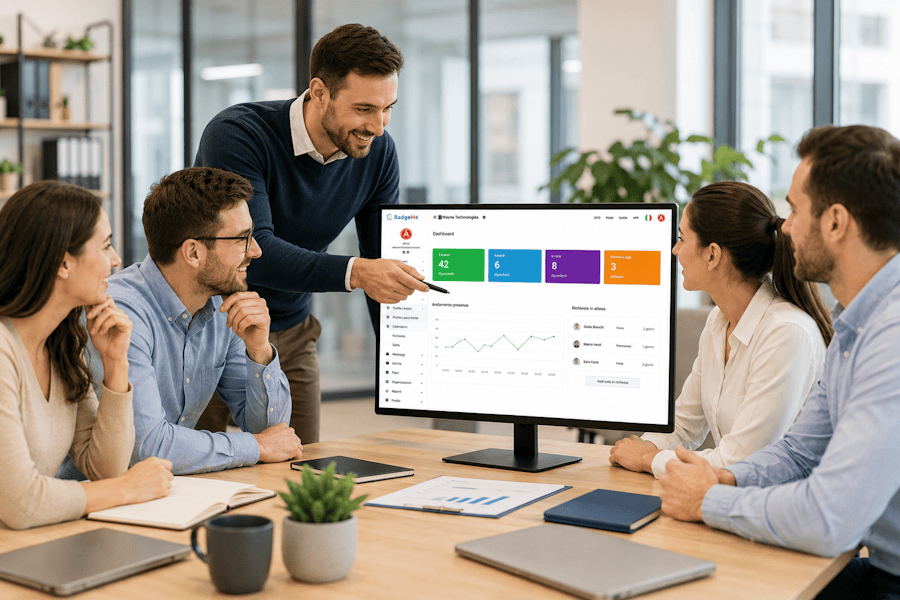 Team di lavoro che utilizza il software BadgeMe per monitorare le presenze dei dipendenti e gestire il personale attraverso una piattaforma cloud.