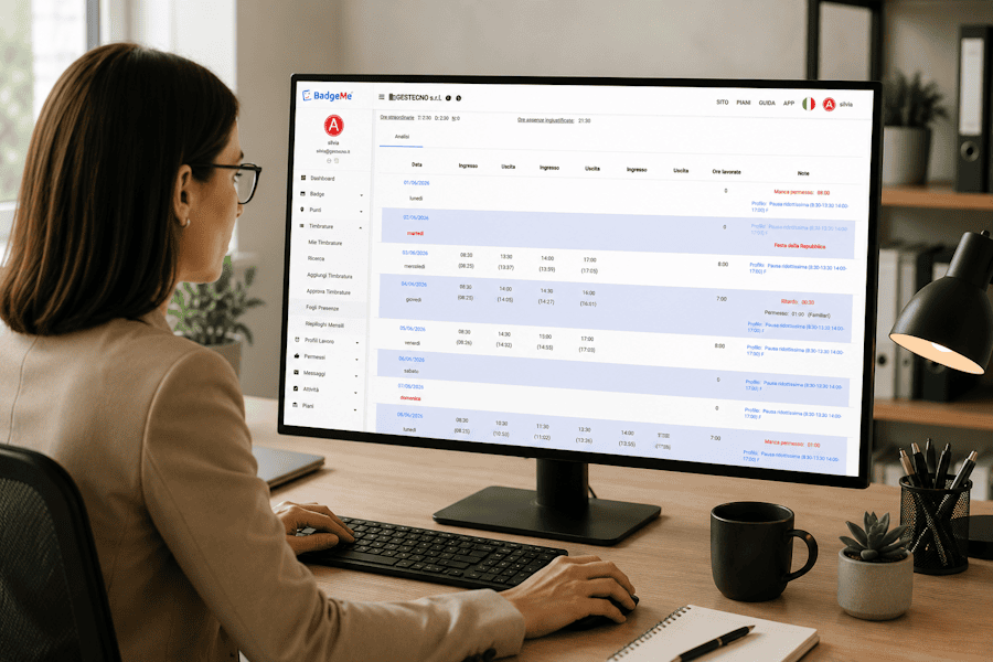 Responsabile HR utilizza il software di rilevazione presenze BadgeMe per monitorare timbrature e presenze del personale.