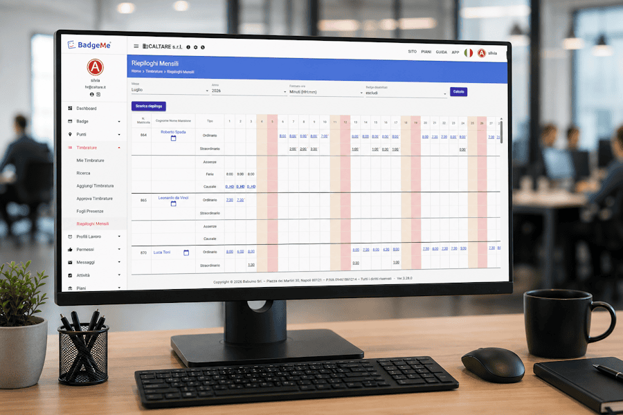 Software BadgeMe per il calcolo delle ore lavorate con riepilogo mensile di presenze, straordinari, assenze e ferie