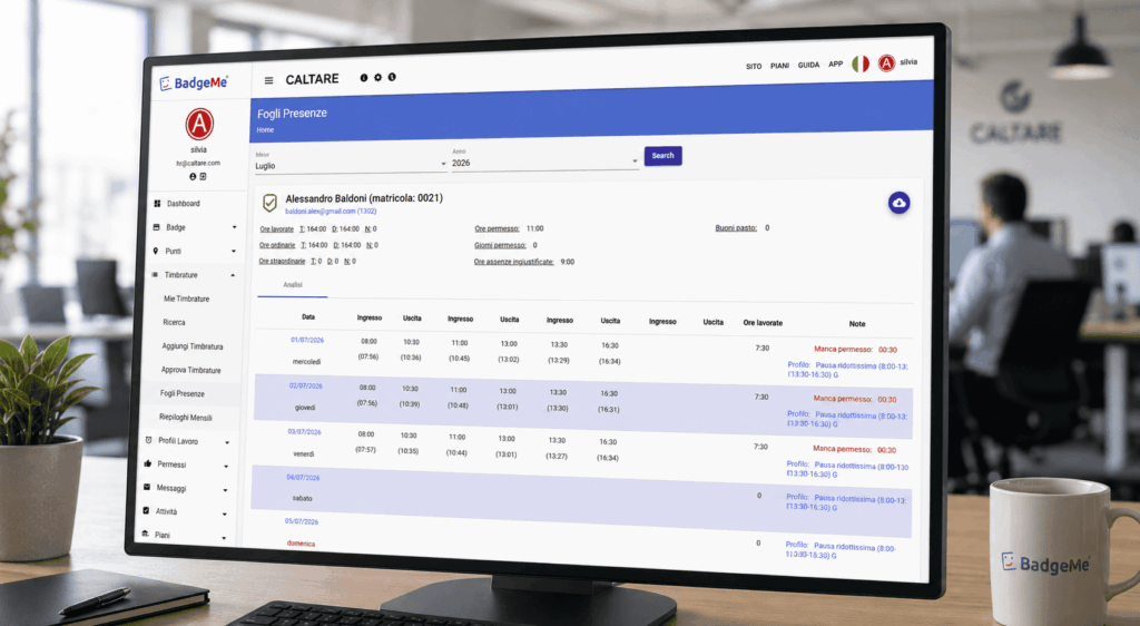 Dashboard BadgeMe per il calcolo delle ore lavorate con riepilogo di presenze, straordinari, assenze e permessi.