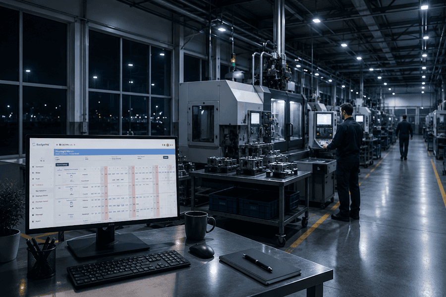 Reparto produttivo attivo di notte con il software BadgeMe per il calcolo automatico delle ore lavorate