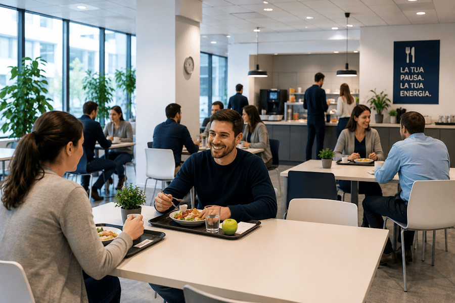Dipendenti durante la pausa pranzo in una mensa aziendale moderna
