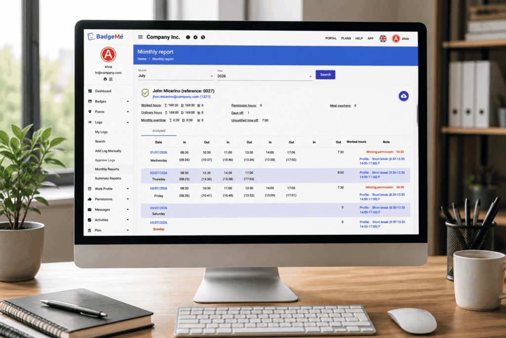 Software time tracking dashboard for employee attendance, worked hours, overtime and absence management